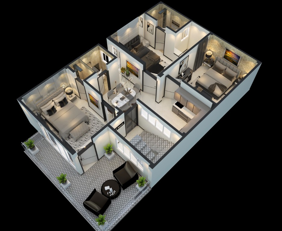 Top-down 3D floor plan design of a 3BHK flat in Patna with furniture placement - Auctech IT Solutions